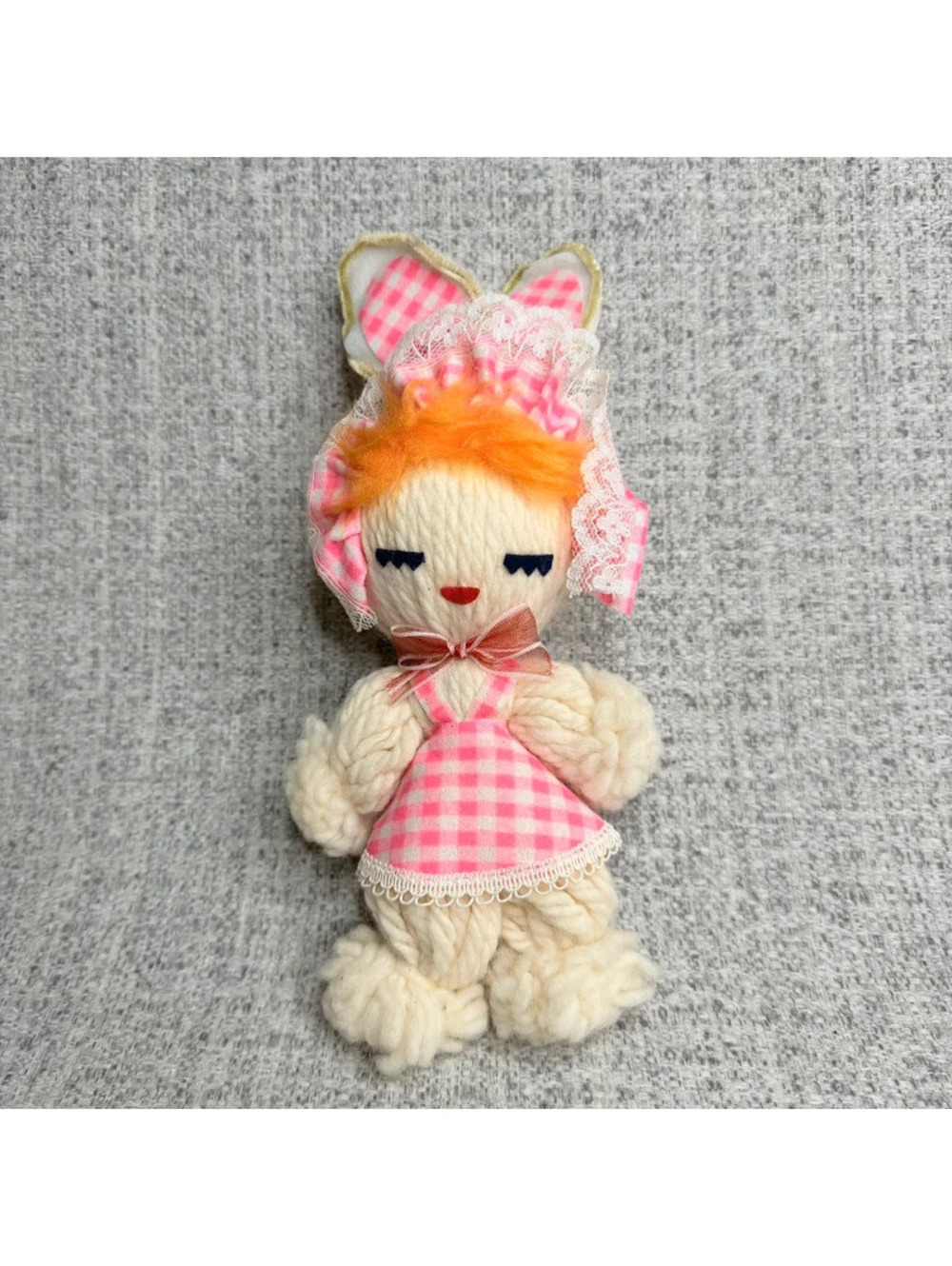 Vintage Yarn Kitschy Easter Rabbit Bunny Doll Pink Gingham MCM Decor 7 Inch